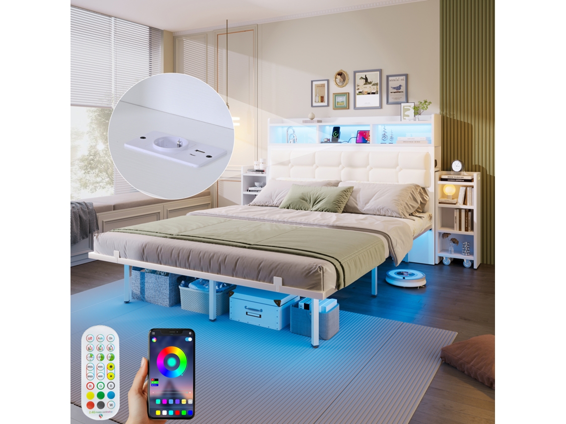 Cama Casal 140x190cm Com Cabecote, Prateleiras, Usb, Type-c E Led Branco