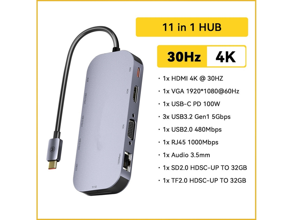 Yizhood 11 em 1 USB Docking Station Suporta Hdmi Vga 4k 30hz Tipo C para Macbook Air Pro Cinza