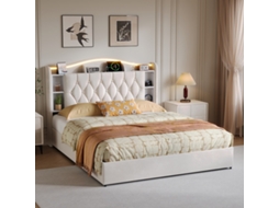 Cama Estofada 140x200cm Linho Cinza com Cabeceira em Losango, 4 Gavetas de Ferro, Led, USB, para Jovens BURSDANY