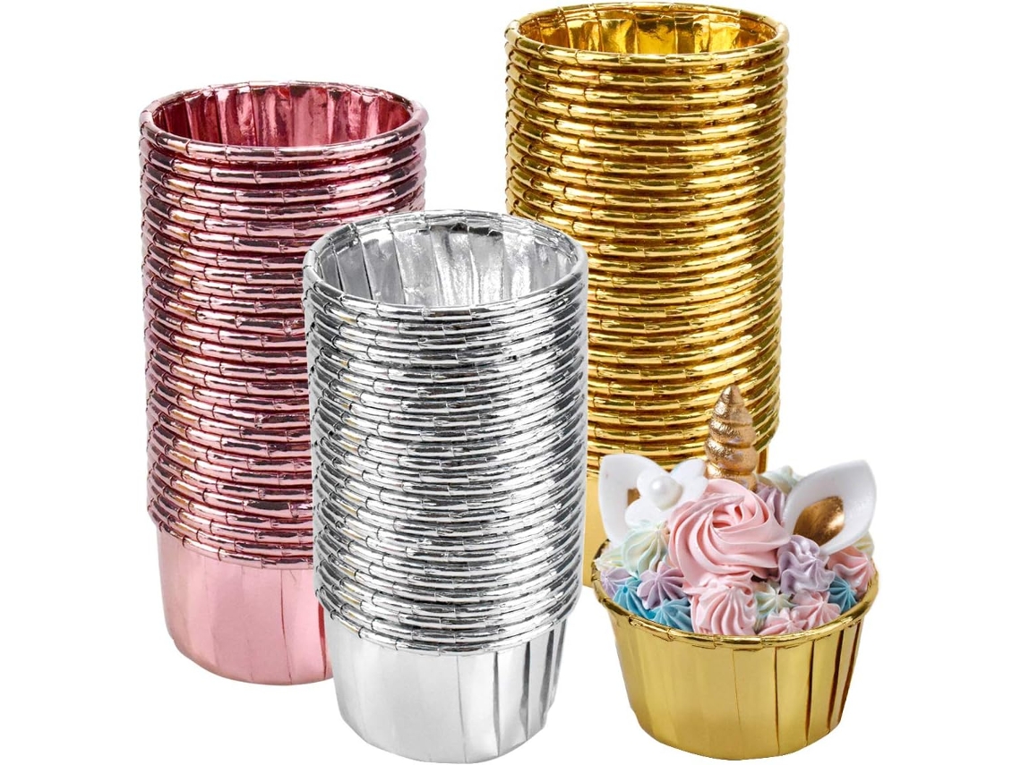 Formas Cupcake Alumínio 150pcs, Moldes Descartáveis Ouro Prata Rosa DUREFORWARD