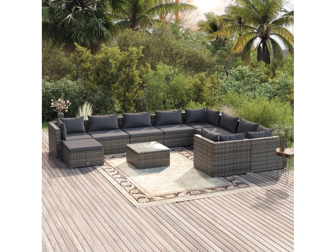 Vidaxl 11 Pcs Conjunto Lounge De Jardim C/ Almofadões Vime Pe Cinzento