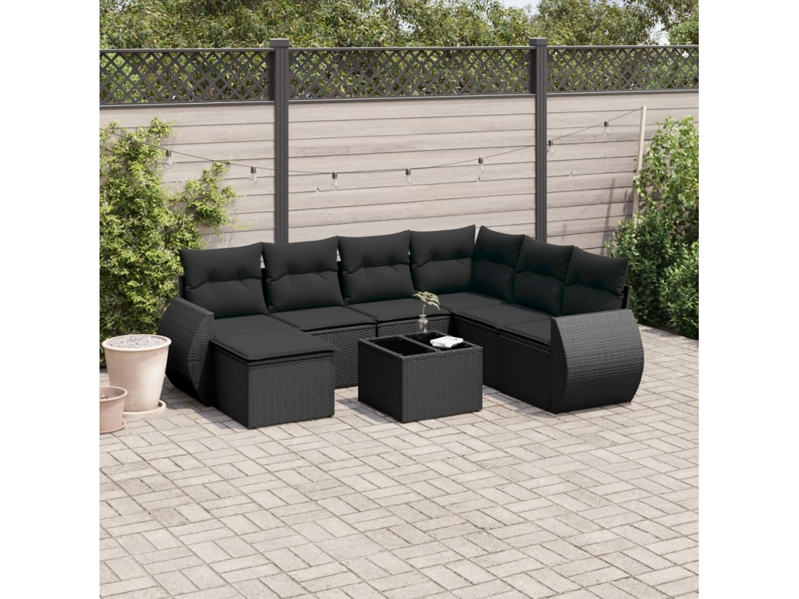 8 Pcs Conjunto Sofás De Jardim Com Almofadões Vime Pe Preto Dkd Home Decor