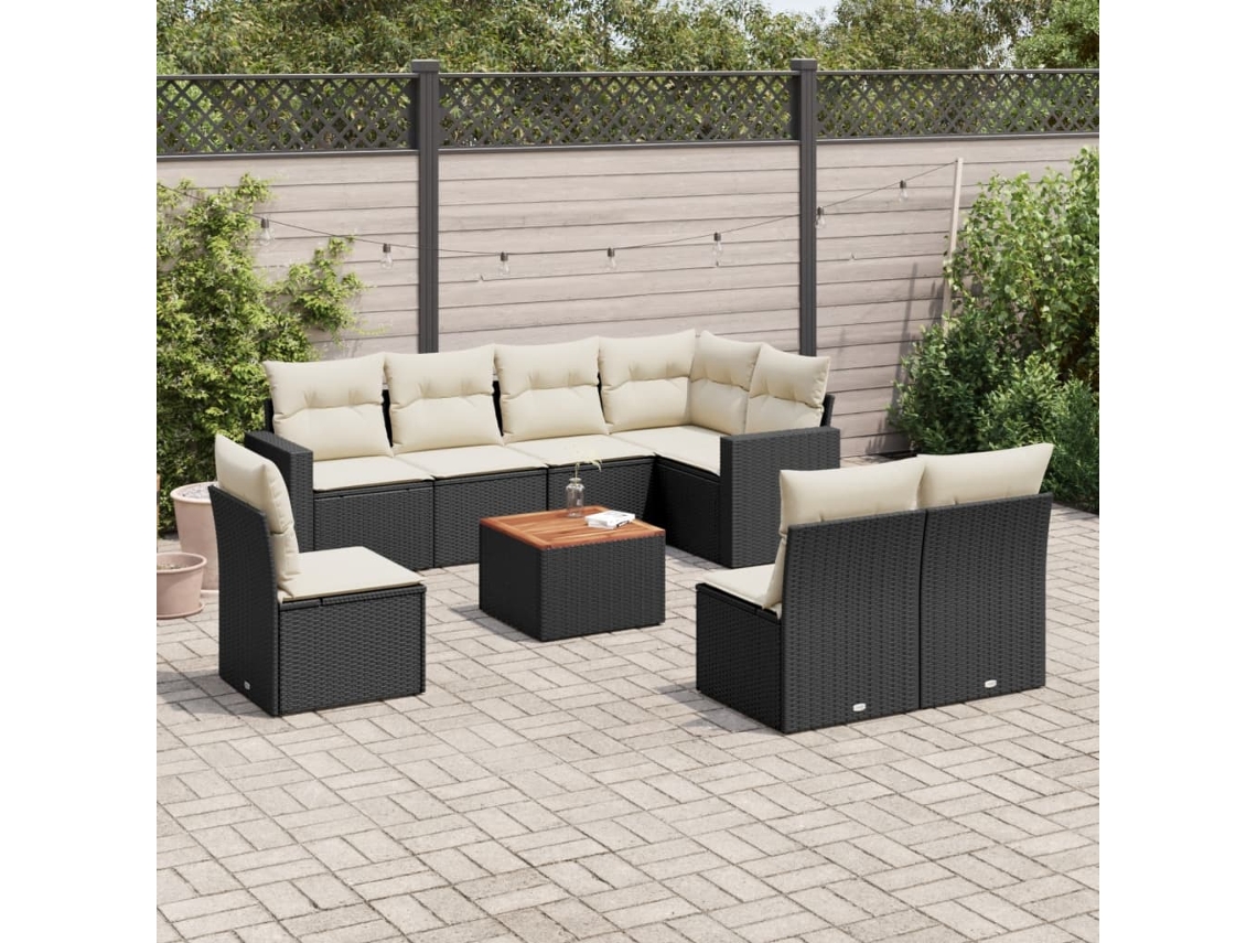 Vidaxl 9 Pcs Conjunto De Sofás P/ Jardim C/ Almofadões Vime Pe Preto