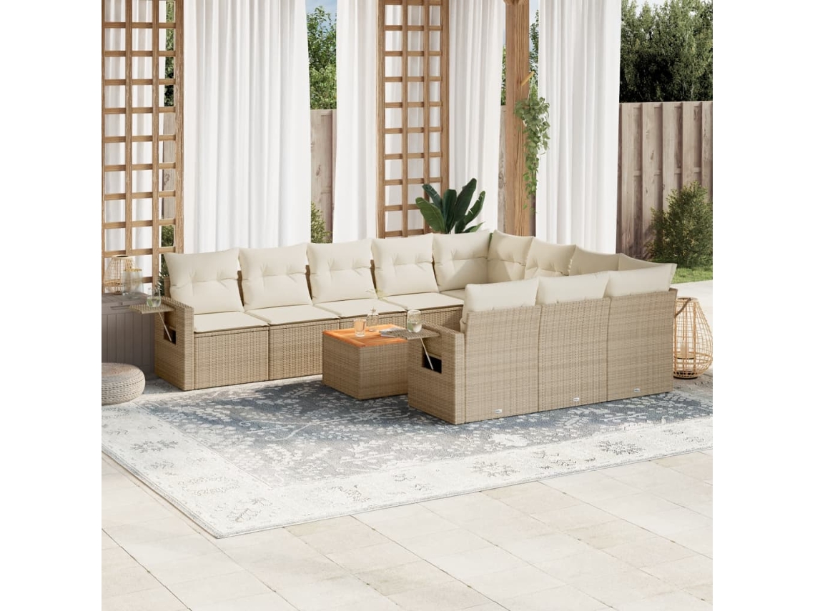 Vidaxl 11 Pcs Conjunto Sofás De Jardim C/ Almofadões Vime Pe Bege