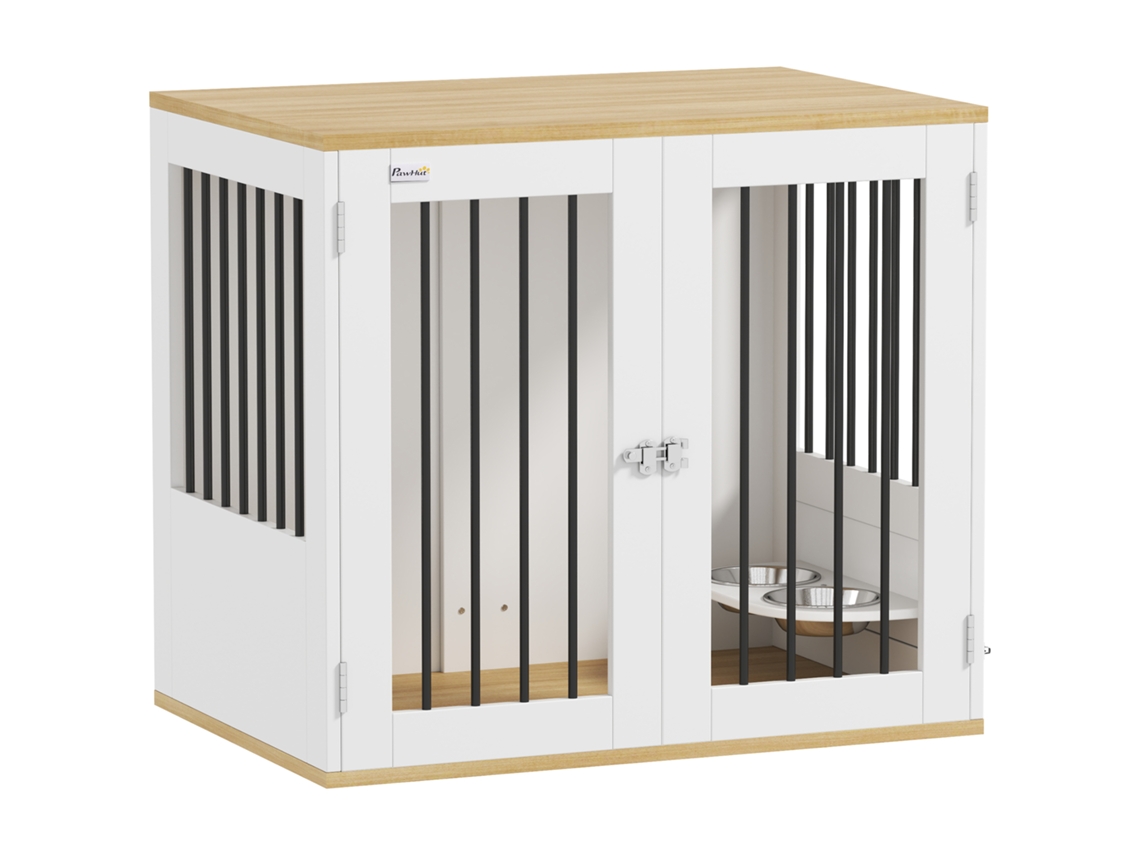 Gaiola Médios 2 Em 1 Mesa Auxiliar Com 2 Portas Com Trava Comedouro Giratório De 360° 2 Tigelas E Almofadas Antiderrapantes 80x55x71,5 Cm Branco