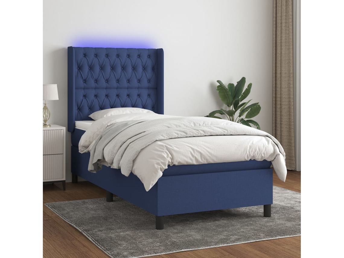 Vidaxl Cama Box Spring C/ Colchão E Led 90x190 Cm Tecido Azul