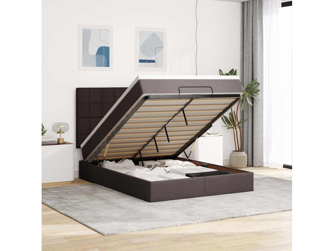 Estrutura Cama Otomana com Colchão 140x190 cm Tecido Castanho Escuro MAISON EXCLUSIVE