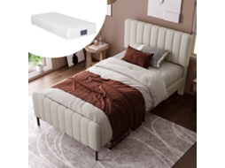 Cama de Solteiro 90x200 Cm, Cabeceira Ajustável, Estrutura Estofada, Lençóis Cinza bege, com Colchão. VSOGA