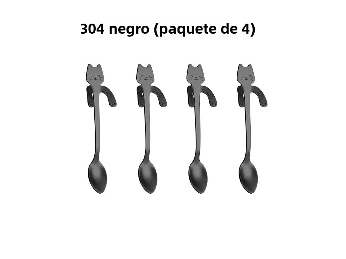 Conjunto De 4 Peças Na Cor Preta. Colheres De Café Em Aço Inoxidável 304 Com Formato De Gato E Minhoca, Banhadas A Platina E Com Borda Para Mexer.