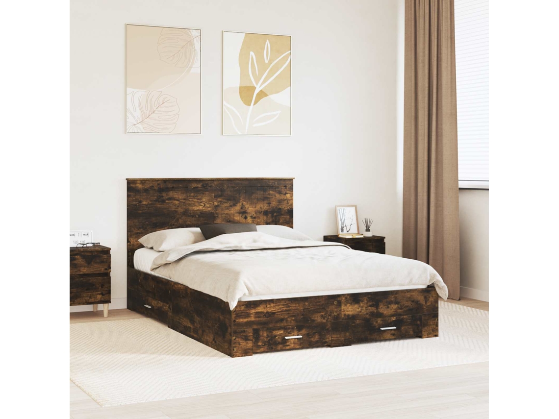 Vidaxl Estrutura Da Cama Com Gaveta Carvalho Defumado 135 X 190 Cm
