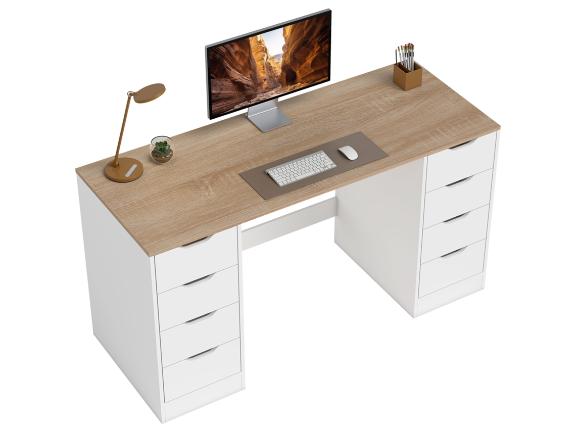 Mesa De Computador De 140 Cm, 8 Gavetas, Escritório Em Casa, Quarto, Aço, Madeira, Branco