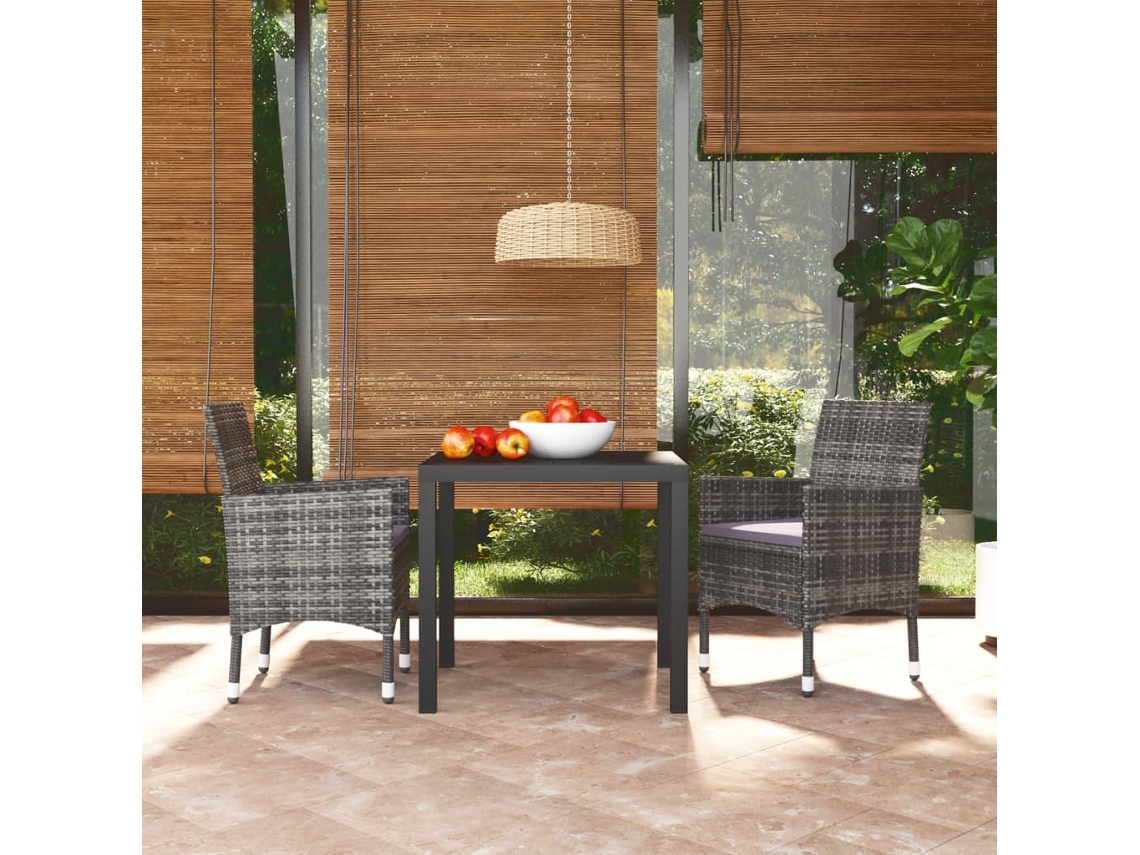 Vidaxl 3 Pcs Conjunto De Jantar P/ Jardim C/ Almofadões Vime Pe Cinza