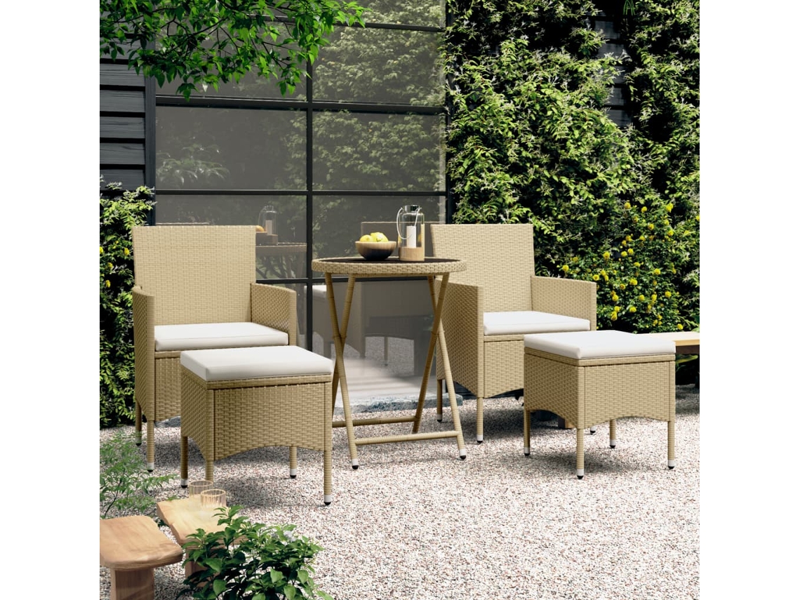 Vidaxl 5 Pcs Conjunto Bistrô de Jardim Vime Pe e Vidro Temperado Bege