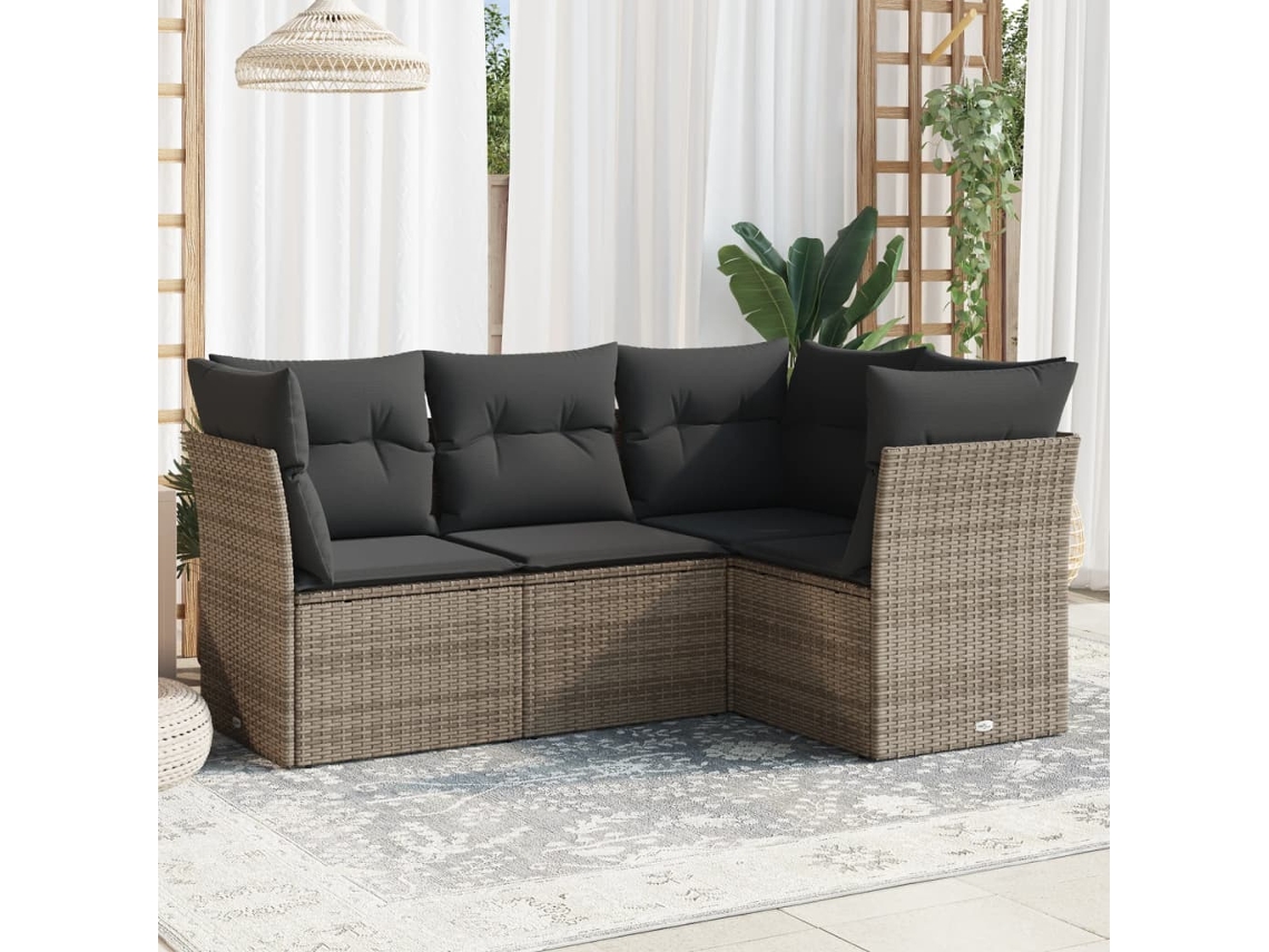 Vidaxl 4 Pcs Conjunto Sofás De Jardim C/ Almofadões Vime Pe Cinzento