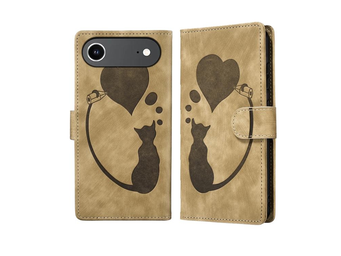Capa De Couro Para Iphone 17 Air Shell Com Gato E Coração Em Relevo.