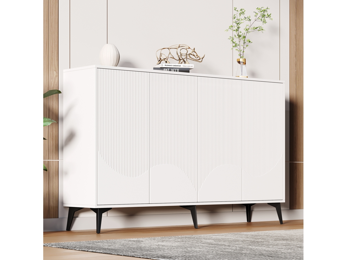 Aparador branco 160cm 4 portas pés metal prateleiras ajustáveis VELTRIX