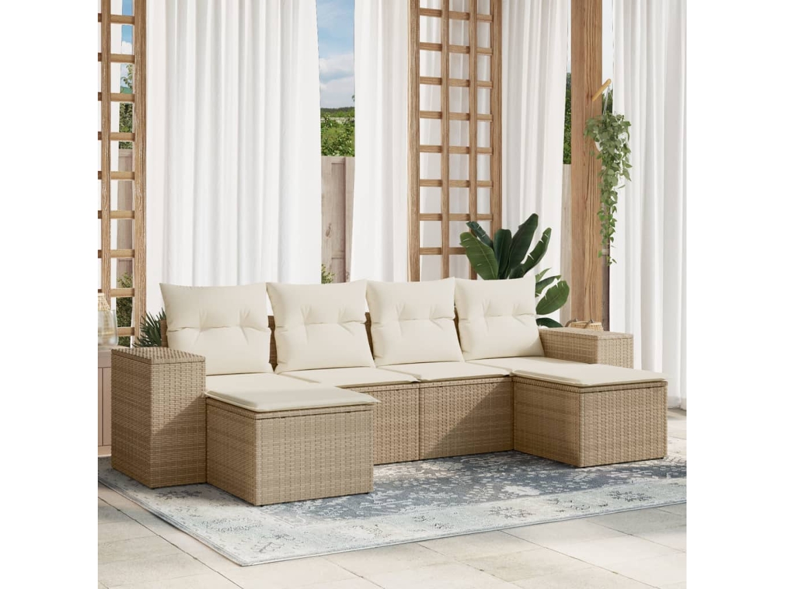 Vidaxl 6 Pcs Conjunto De Sofás P/ Jardim Com Almofadões Vime Pe Bege