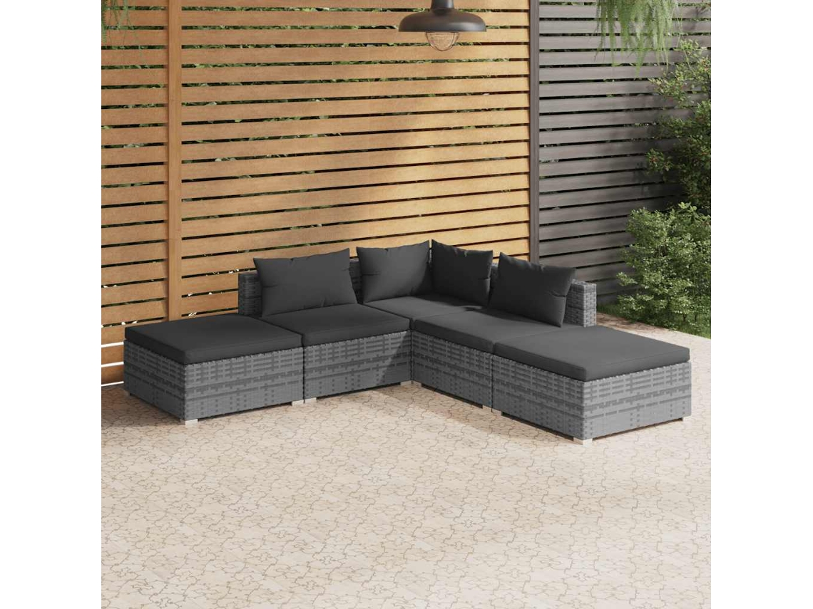 5 Pcs Conjunto Lounge De Jardim C/ Almofadões Vime Pe Cinza Dkd Home Decor