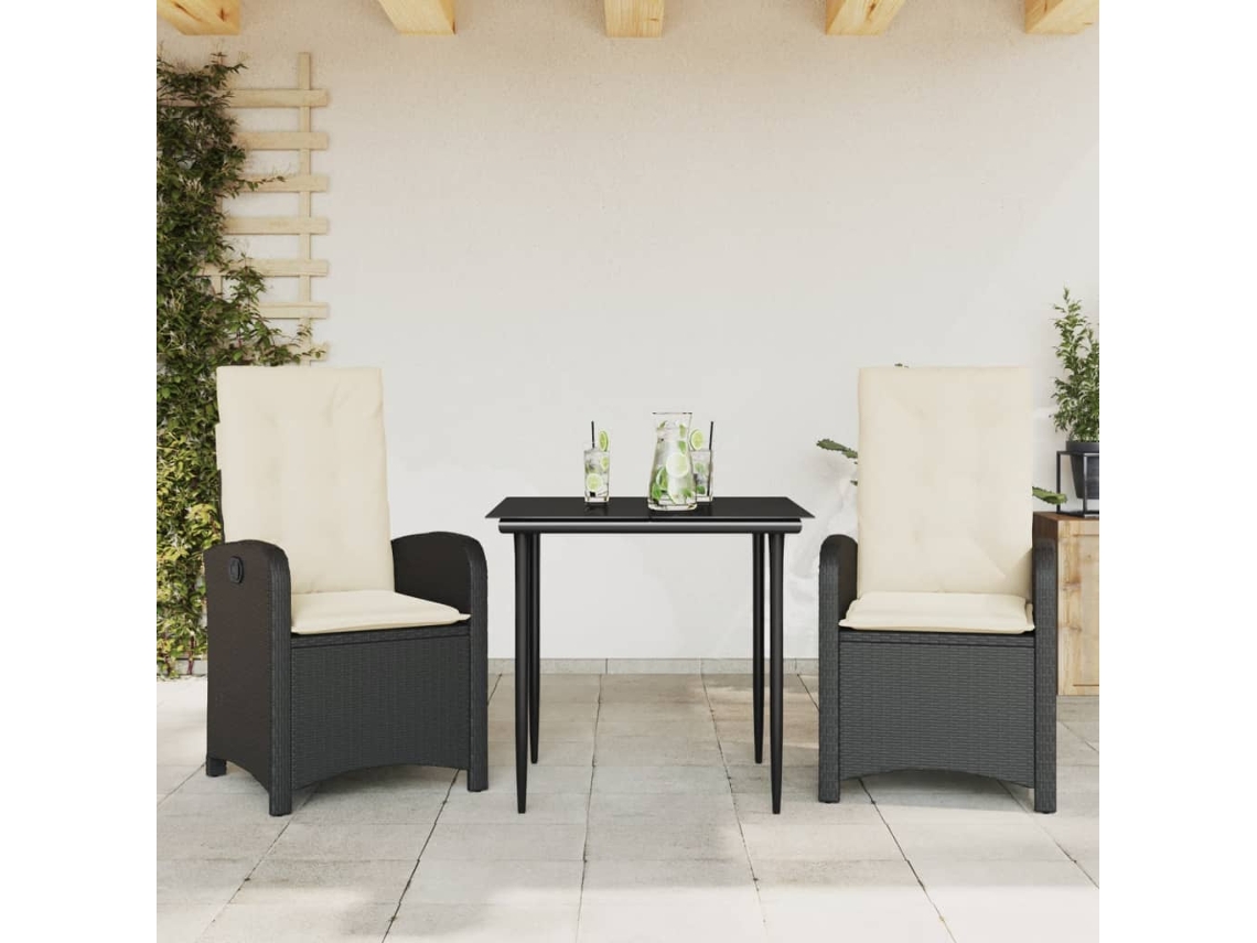 Vidaxl 3 Pcs Conjunto De Jantar P/ Jardim C/ Almofadões Vime Pe Preto