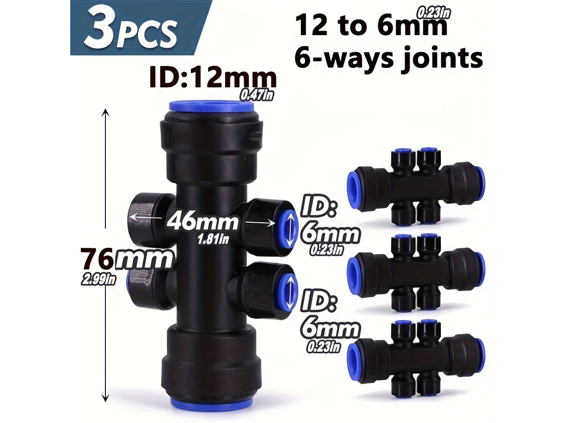 3 Conectores Seis Vias Redutor 12mm Para 6mm, Junta Rápida Para Tubo Pvc Sistema De Irrigação Nebulização Jardim