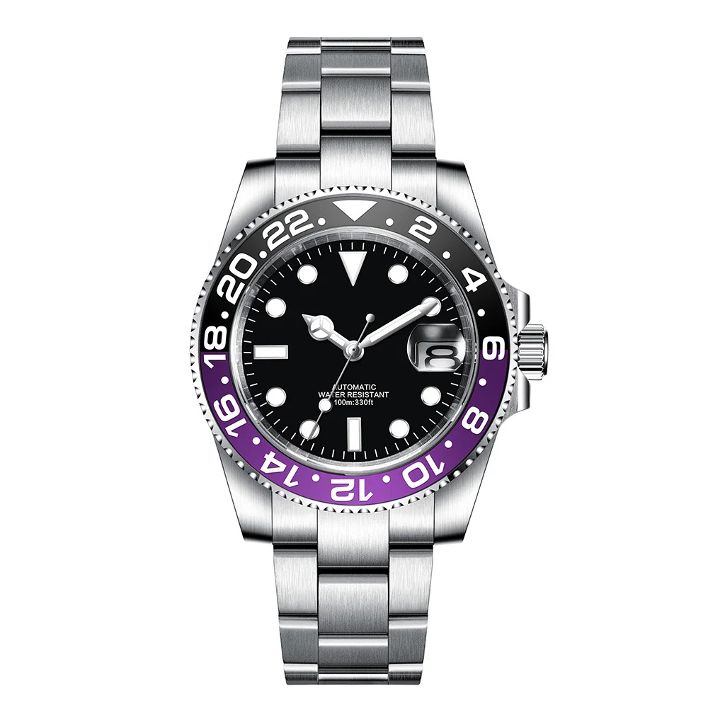 Relógio Masculino Automático Mecânico (preto E Roxo) De 40 Mm, Resistente À Água Até 100 M, Com Cristal De Safira.