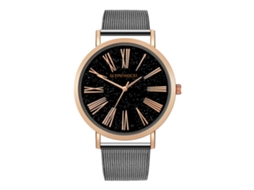 Relógio de pulso masculino em liga metálica com pulseira de malha, numerais romanos, movimento analógico de quartzo, preto e ouro rosa.