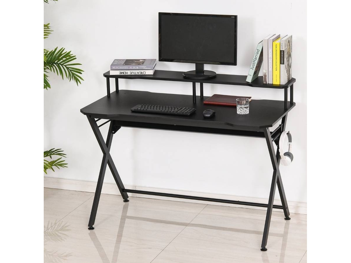 Mesa Gaming HOMCOM Com suporte para monitor e fones (140 x 60 x 90 cm - MDF - Preto)