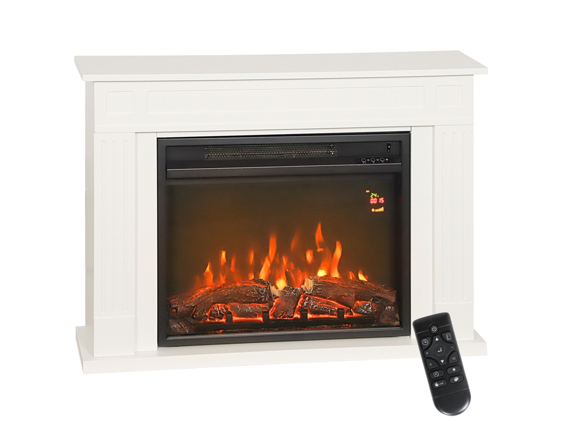 Lareira Elétrica Com 5 Níveis De Chama, Controle Remoto E Temporizador, 98 X 23,5 X 69,5 Cm, Preta E Branca.