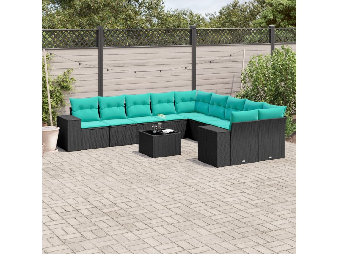 Vidaxl Conjunto De Sofá De Jardim Com 11 Peças E Almofadas Em Rattan Sintético Preto