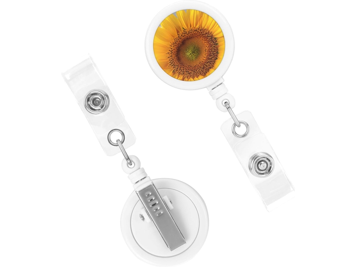 Porta Crachá Retrátil Resistente, Com Desenho Girassol, Na Cor Amarelo Dourado, Com Clipes