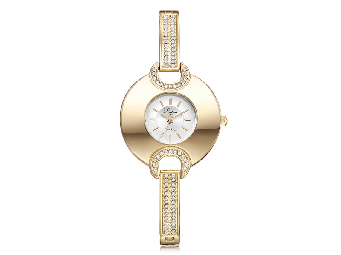 Relógio de Pulso Feminino Lvpai com Strass Pulseira de Liga Quartzo Dial Branco Ouro