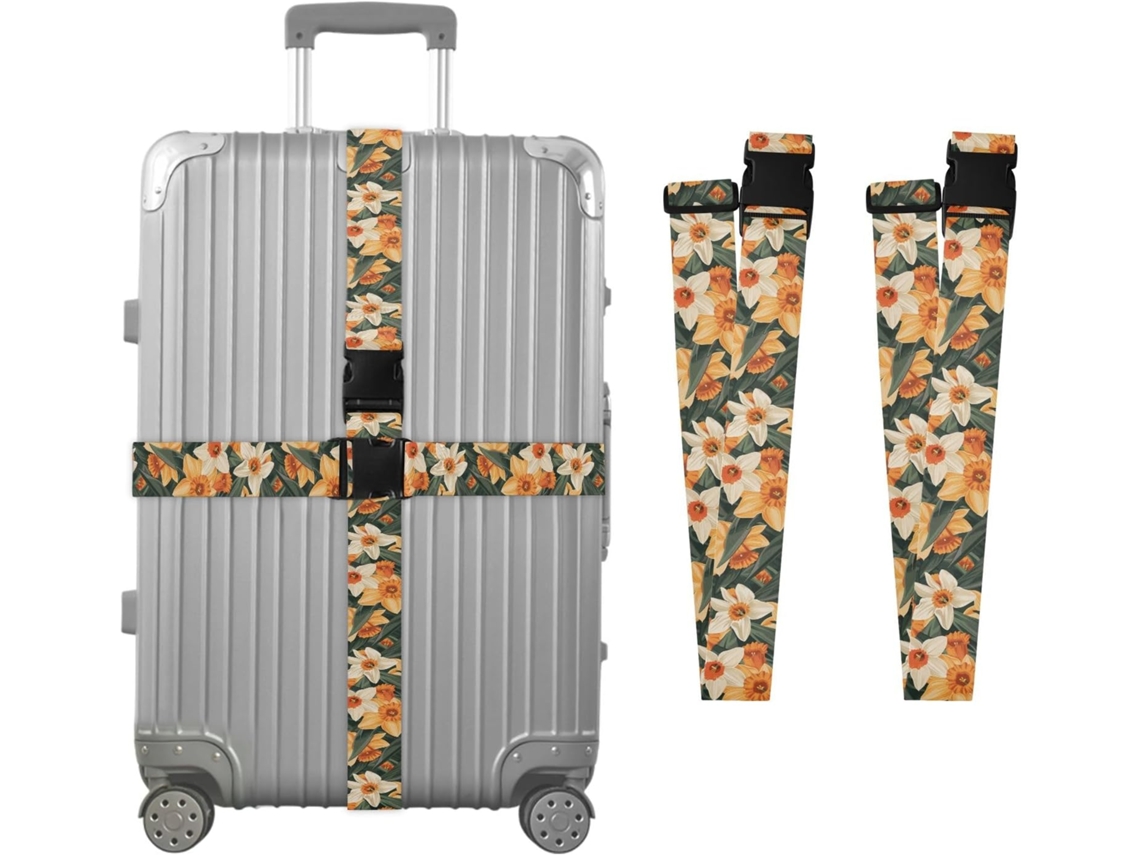 Conjunto De 2 Cintas Bagagem Personalizáveis Com Fivelas Para Malas, Estampa De Narcisos, Laranja