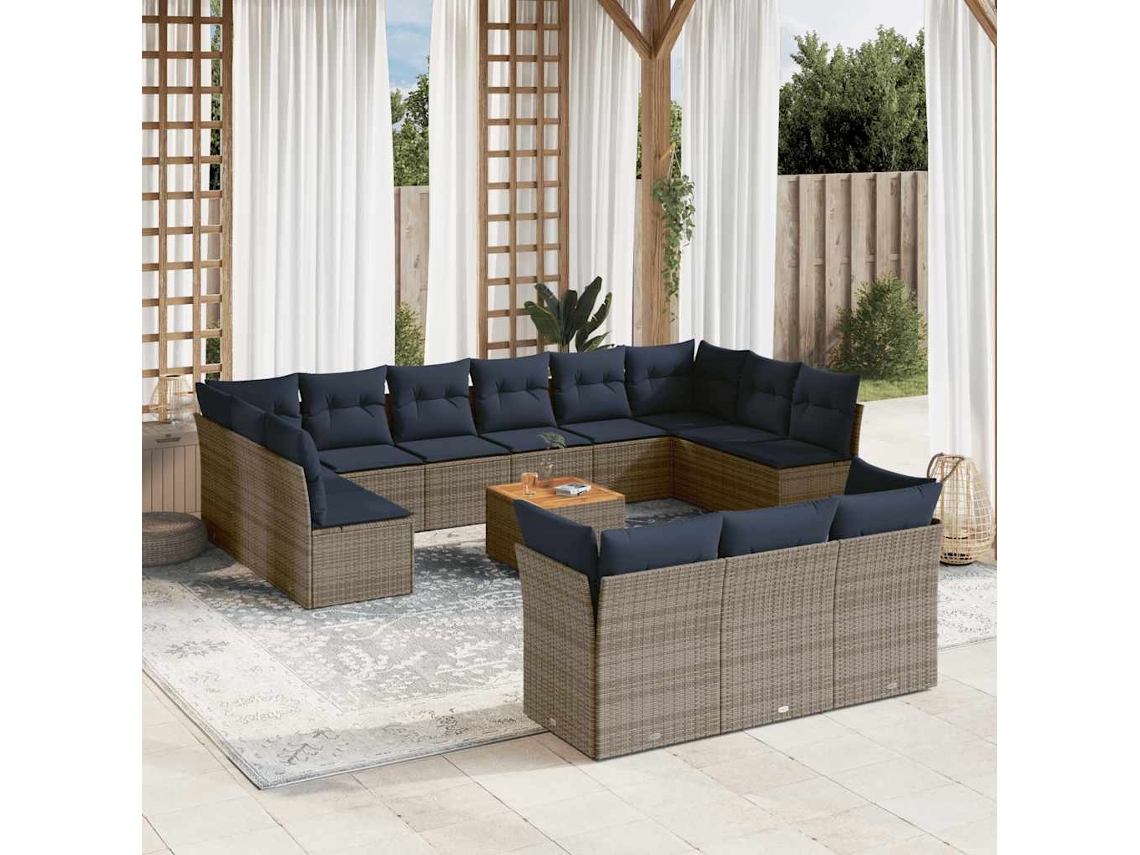 Vidaxl 14 Pcs Conjunto Sofás P/ Jardim C/ Almofadões Vime Pe Cinzento