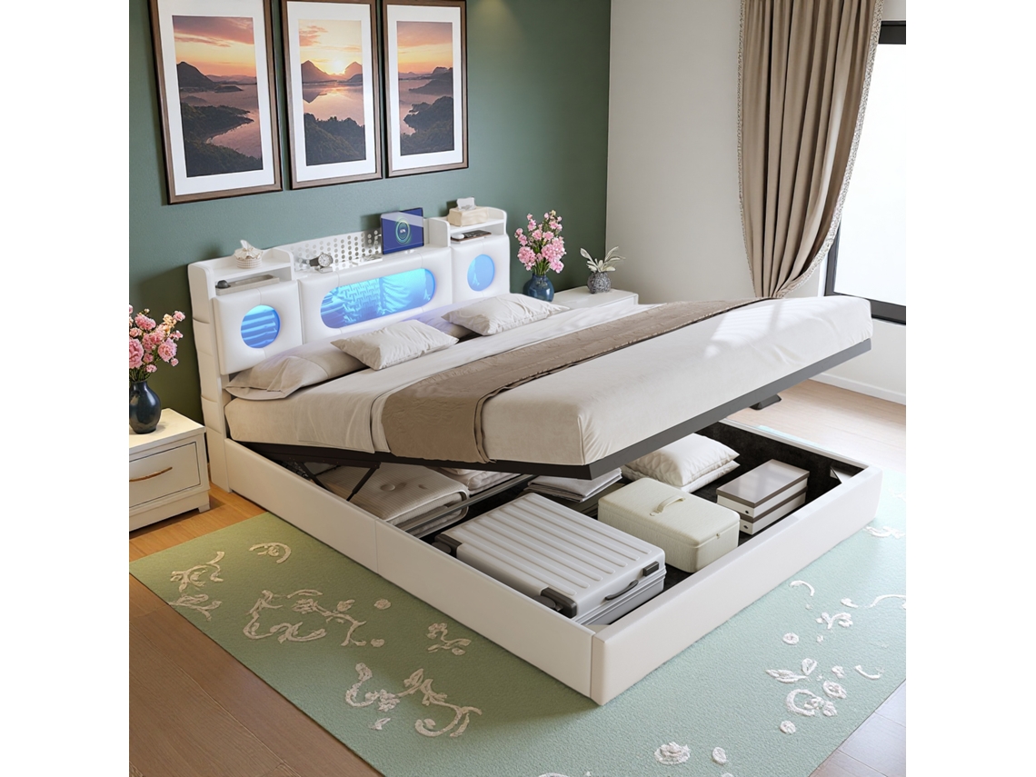 Cama Estofada 160x200 Cm em Couro Pu com Espaço de Armazenamento, Cabeceira com Led, Prateleira, Porta Usb e Type c, Cama de Casal, Branco SIMURQ