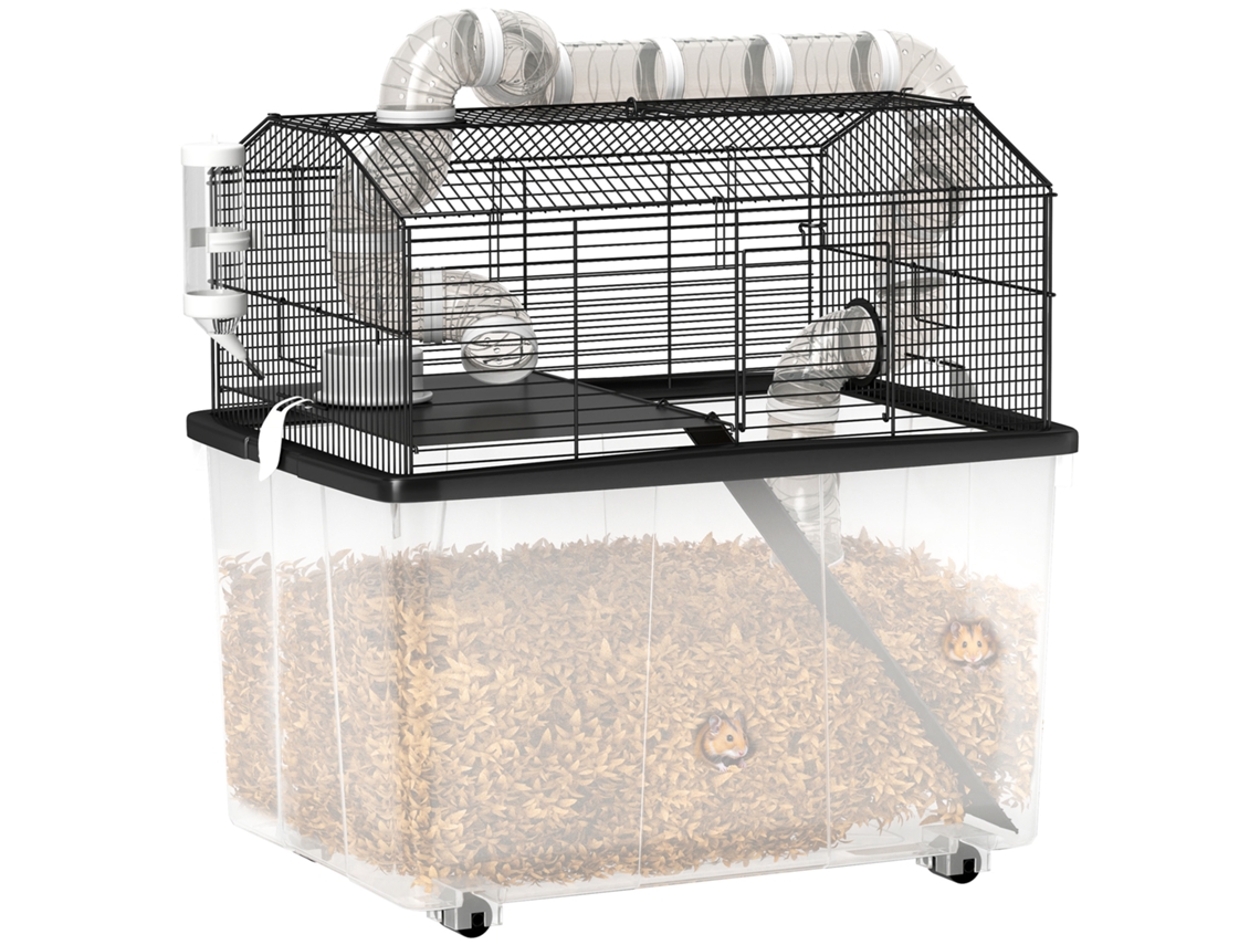 Gaiola portátil para Hamster com rampa, tigela e mangueira 58x43x57cm preto S/MARCA