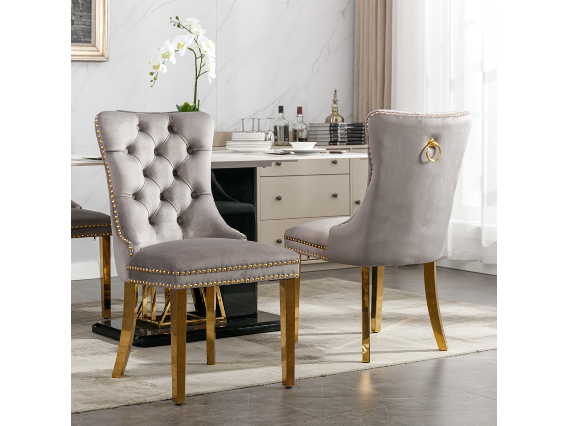 Conjunto De 2 Cadeiras De Jantar Estofadas Em Veludo Com Pés Em Aço Inoxidável Dourado E Detalhes Em Tachas. Cinza E Dourado.