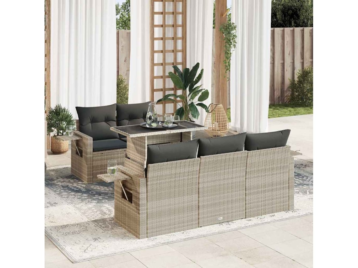 Vidaxl 6 Pcs Conj. Sofás Jardim Com Almofadões Vime Pe Cinzento-claro