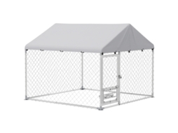 Canil De Aço Galvanizado Com Toldo Resistente E Comedouro Para Cães, 200x200x154 Cm, Cor Prata.