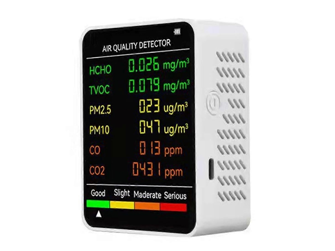 Lurelia Medidor De Qualidade Do Ar 6 Em 1 Pm2,5/pm10/hcho/tvoc/co2, Temperatura/humidade, Sensor Ndir, Com Visor Digital, Bateria 1200 Mah Usb, Branco