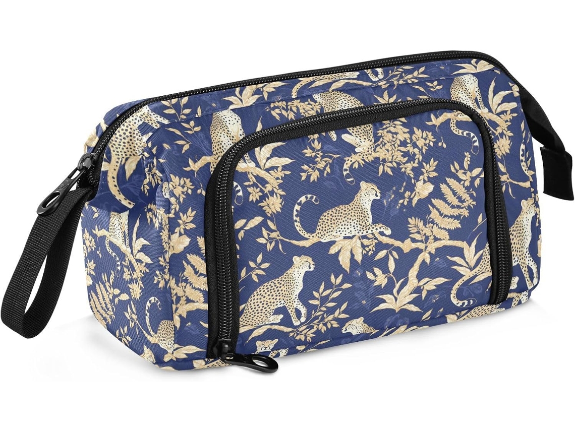 Nécessaire Grande com Zíper para Maquiagem, Estampa de Leopardo, Azul/dourada, Adultos. 24 X 9,5 15 Cm