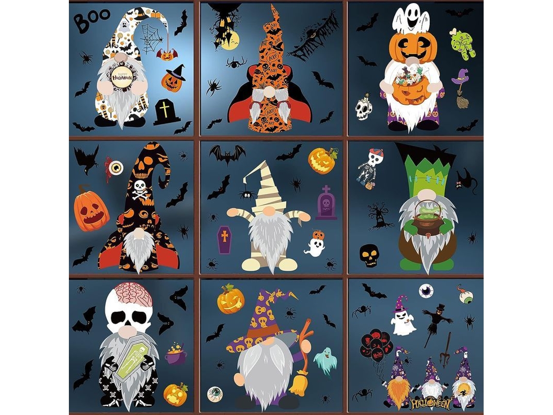 Adesivos de Janela Nova Line de Halloween, decorativos internos, com gnomos e elementos temáticos