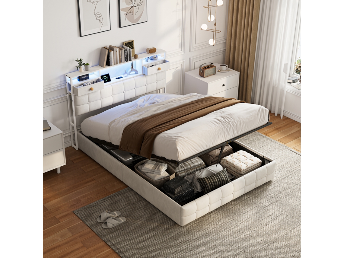 Cama Com Arrumação De 140 X 200 Cm Com Iluminação Led Rgb E Portas Usb-c, Estrutura Estofada Em Veludo Bege.