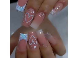 Unhas Postiças Médias French Tip com Design de Coração Rosa Brilhante Square Press On Nails