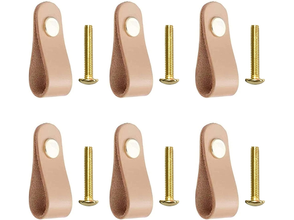 Conjunto de 6 Puxadores Couro para Armários, Portas e Gavetas, Cáqui Claro BRILVIBERA