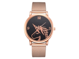Relógio masculino de quartzo com pulseira de malha e mostrador redondo com estampa animal, na cor dourada.