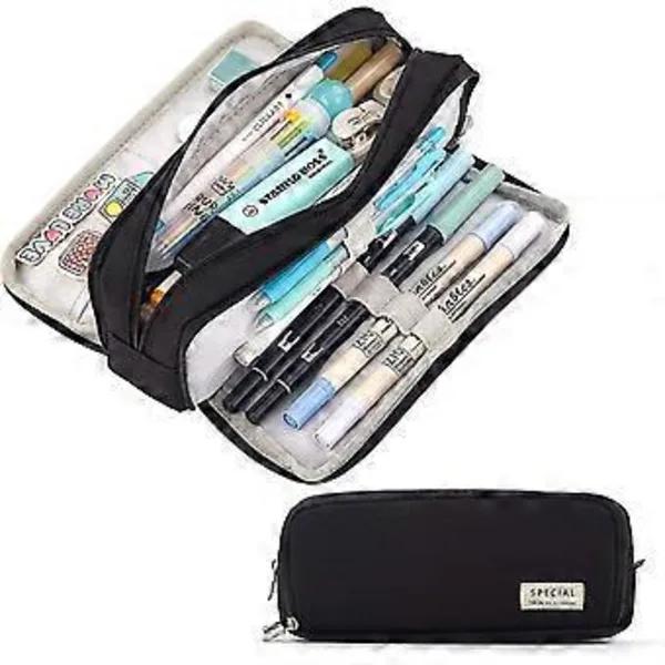 Estojo para Lápis, 3 Compartimentos, Grande, Preto, Estudantes, Meninas, Meninos AQUAFORGE