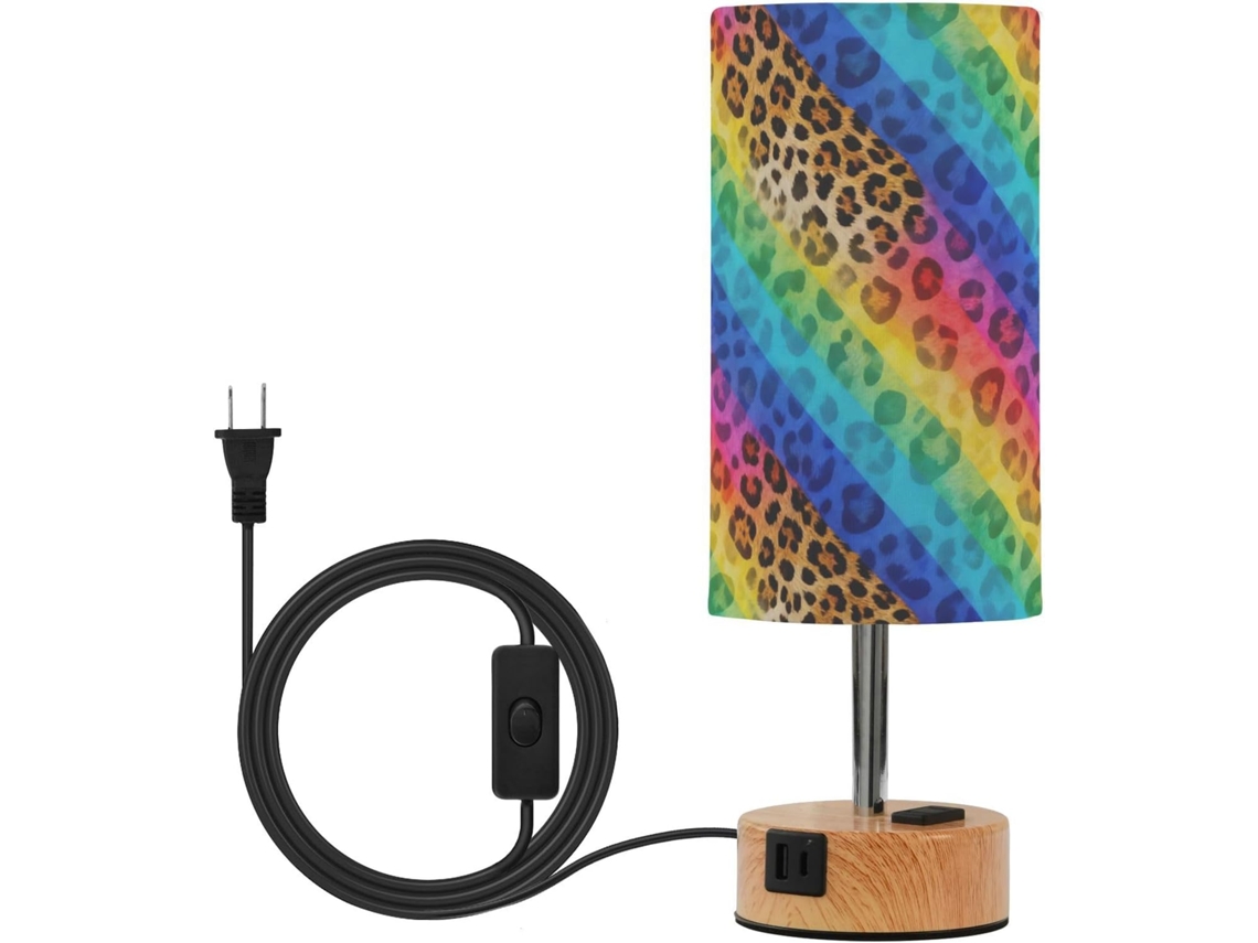 Mesa com base em estampa de leopardo arco-íris, com portas USB certificadas pela CEA e luminárias inclusas.
