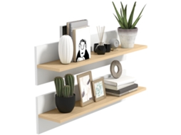 Conjunto De 2 Prateleiras Flutuantes De Parede, Design Misto Branco E Madeira Natural
