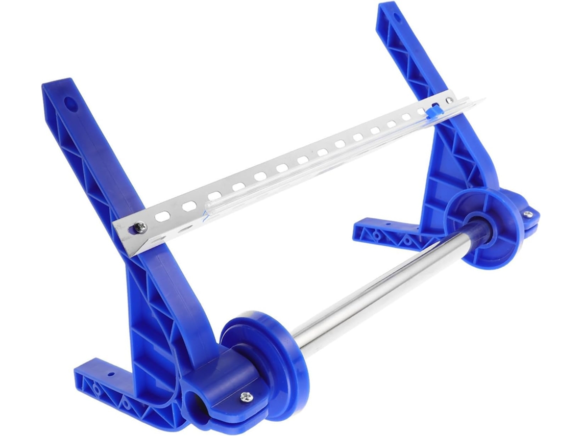 Cortador dispensador Homoyoyo com filme stretch azul manual, em suporte confortável e estável para embalagens em movimento.