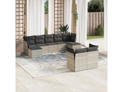 Vidaxl 9 Pcs Conj. Sofás Jardim Com Almofadões Vime Pe Cinzento-claro